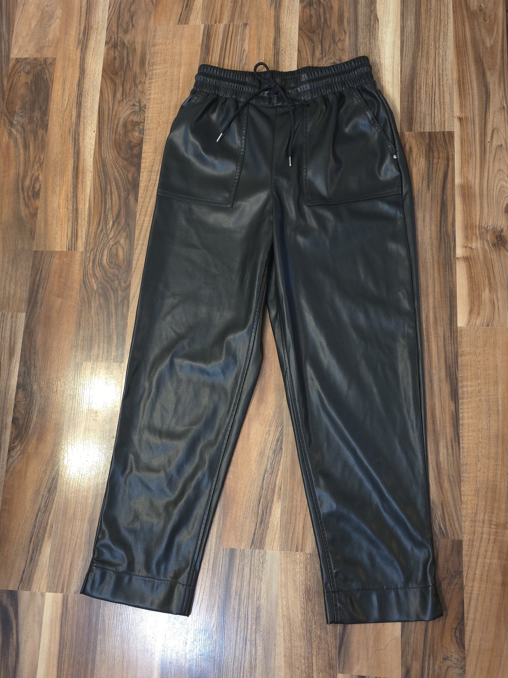 A New Day Small Black Faux Leather Jogger Pants Tapered Drawstring Moto Edgy